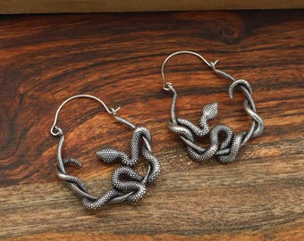 Handmade Silver Snake Hoop Earrings | Gothic Serpent Statement Earrings | Halloween Silver Earring for Women