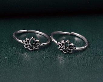 Lotus Toe Ring, Silver Toe Ring, Antique Toe Ring, Toe Ring Sterling Silver,Foot Jewelry,Adjustable Toe Ring,Body Jewelry,Set of 2Toe Rings