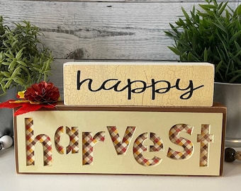 Happy Harvest Wood Blocks,  Autumn Stacking Set, Wood Sign for Fall
