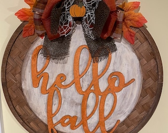 Hello Fall Door Hanger, Autumn Wood Door Wreath, Hello Fall Wood Round Door or Wall Hanger
