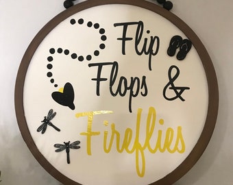 Flip Flops & Fireflies Wood Round, Door or Porch Hanger, Framed Summer Sign