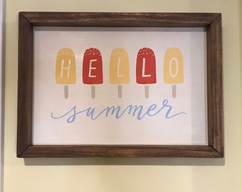 Hello Summer Wood Farmhouse Sign, Stenciled Framed Sign