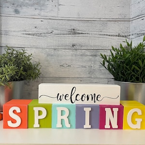 Spring Wood Blocks, Spring Letters, Wood Block Grouping, Spring on Painted Blocks, Spring Sign, Spring Shelf Sitter