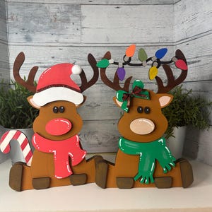 Boy and Girl Sitting Wood Reindeer, Pair of Reindeer Shelf Sitters, Christmas Reindeer Set