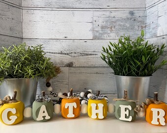 GATHER Block Set, Garland of Wood Cubes for Autumn, Fall Mantle Decor, Thanksgiving Gather Table Set