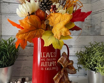 Fall Metal Pitcher with Fall Floral, Autumn Floral Decor, Floral Arrangement in Fall Pitcher, Autumn Mantle Decor
