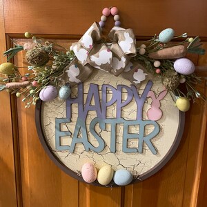 Happy Easter Door Hanger, Easter Wood Wreath, Bunny and Eggs Easter Wall Hanging