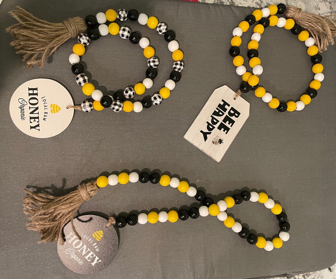 Bee Farmhouse Bead Set Wood Bead Set With Tassel and Tag Etsy