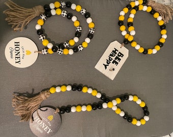 Bee Farmhouse Bead Set, Wood Bead Set with Tassel and Tag, Tier Tray Farmhouse Bead Garland
