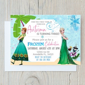 Frozen verjaardagsuitnodiging, bevroren uitnodiging schattige babymeisje, Frozen themaverjaardagsfeestje, Frozen Summer verjaardagsuitnodiging, Zomerverjaardag