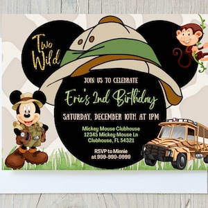TWEE WILDE Mickey Mouse Safari verjaardagsuitnodiging, schattige peuter jongen safari uitnodiging, Mickey thema verjaardagsfeestje, Safari thema verjaardag