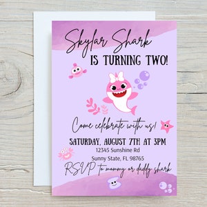 Baby shark birthday invitation, Cute baby girl shark invitation, Baby shark themed birthday party, Girl shark invite, Purple baby shark