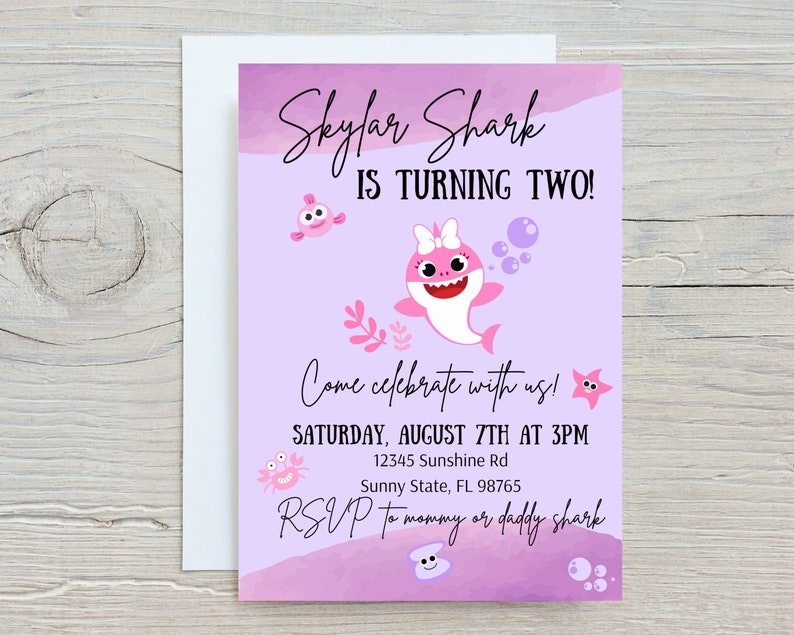 Baby shark birthday invitation Cute baby girl shark invitation Baby shark themed birthday party Girl shark invite Purple baby