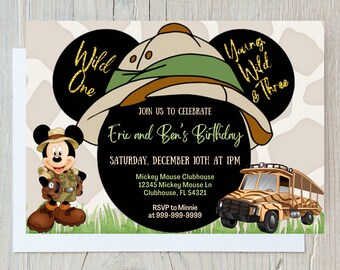 May include: A birthday invitation with a Mickey Mouse character wearing a safari hat. The invitation is for Eric and Ben's birthday, and it says "Wild One" and "Young Wild & Three".