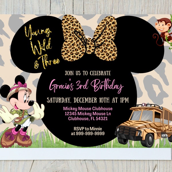 YOUNG WILD and THREE Minnie Mouse Pink Safari Birthday Invitation, Minnie themed birthday party, Safari themed birthday, Cute girl birthday
