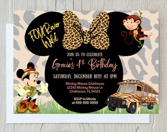 May include: A birthday invitation with a black and white Mickey Mouse head silhouette with a leopard print bow. The text "FOURever Wild" is in gold glitter. The invitation is for Gracie's 4th birthday party. The party is on Saturday, December 10th at 1 PM at Mickey Mouse Clubhouse. The invitation also features a cartoon image of Minnie Mouse dressed in a safari outfit and a cartoon image of a monkey hanging from a vine. There is also a cartoon image of a safari jeep.