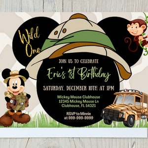 WILD ONE Mickey Mouse Safari verjaardagsuitnodiging, schattige babyjongen uitnodiging, Mickey thema verjaardagsfeestje, Safari thema verjaardag