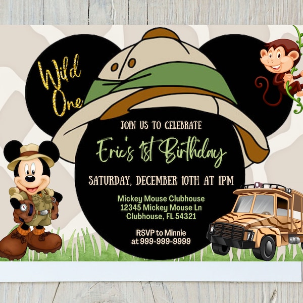 WILD ONE Mickey Mouse Safari Birthday Invitation, Cute baby boy invitation, Mickey themed birthday party, Safari themed birthday