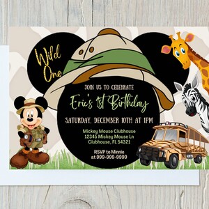 WILD ONE Mickey Mouse Safari verjaardagsuitnodiging, schattige babyjongen uitnodiging, Mickey thema verjaardagsfeestje, Safari thema verjaardag