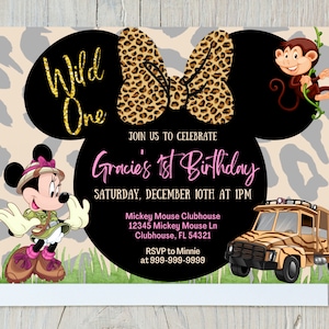 WILD ONE Minnie Mouse Pink Safari verjaardagsuitnodiging, schattige babymeisje uitnodiging, Minnie thema verjaardagsfeestje, Safari thema verjaardag