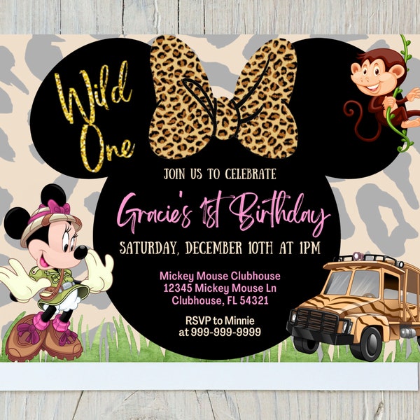 WILD ONE Minnie Mouse Pink Safari Birthday Invitation, Cute baby girl invitation, Minnie themed birthday party, Safari themed birthday