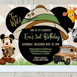 TWO WILD Mickey Mouse Safari Birthday Invitation, Cute toddler boy safari invitation, Mickey themed birthday party, Safari themed birthday