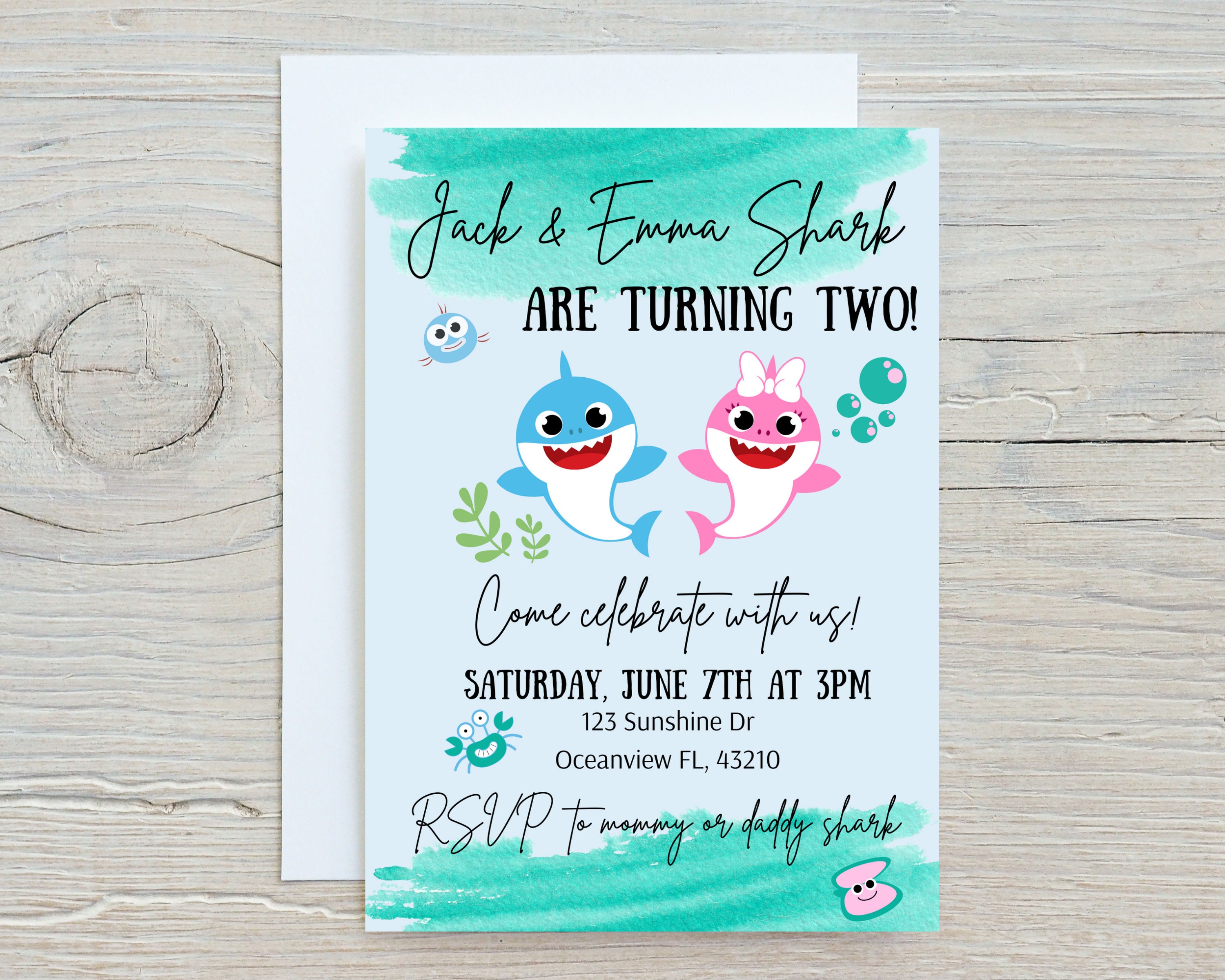 Baby shark birthday invitation cute twin shark invitation Baby shark themed birthday party blue and pink baby shark INSTANT