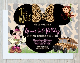 TWO WILD Minnie Mouse PINK Safari Birthday Invitation, Cute toddler girl invitation, Minnie themed birthday party, Safari themed birthday
