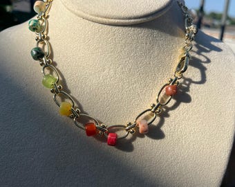 Gold filled necklace with gemstone beads, Rainbow Beaded Necklace, colourful sweetie necklace, gifts for her, charm holder