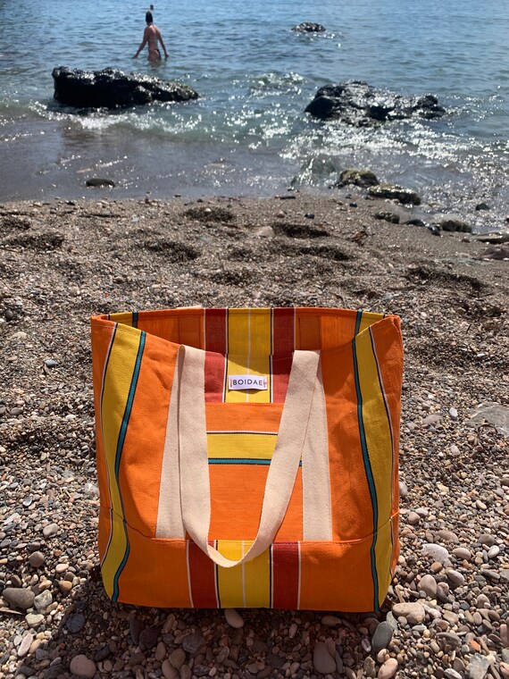 Bolso de playa grande hecho a mano raya de tumbona vintage