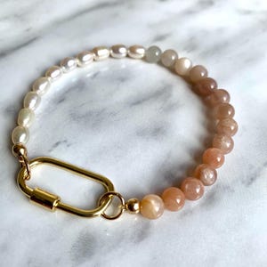 Freshwater pearl & ombre moonstone bracelet, 18kt carabiner charm bracelet, carabiner bracelet, gift for her