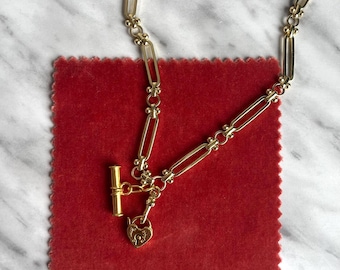 18k Yellow gold filled chunky chain necklace with albert clasp, heart lock and t-bar, vintage inspired jewellery,  gift, gifts for her