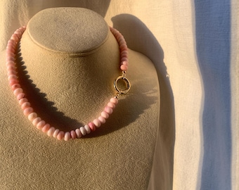 Pink Opal Gemstone Bead Necklace, 18kt Gold Filled Charm valentines jewellery,  jewellery gift, gifts for her