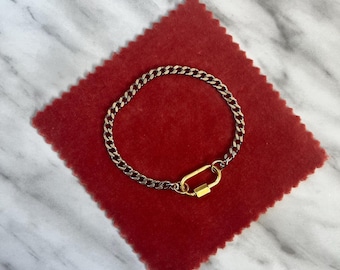 Silver curb Chain Bracelet: Charm Holder withgold filled Carabiner Clasp, chunky mixed metal bracelet, gifts for her
