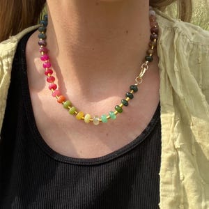 Rainbow gemstone beaded necklace with gold spacers, carabiner necklace, charm necklace, beaded choker, gift for her, handmade necklace