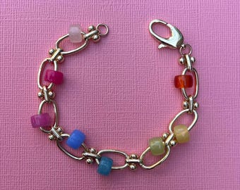 Gold filled chunky bracelet with rainbow gemstone beads, sweetie jewellery, gifts for her, charm holder