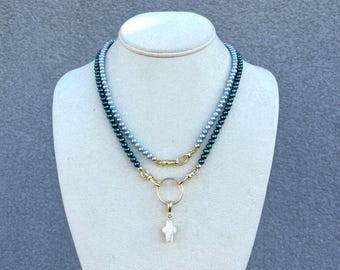 Blue Peacock Pearl Necklace, 18K Gold Filled albert clasps, charm holder necklace,  jewellery gift, gifts for herbridal, bridesmaid