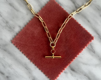 18k gold filled chunky paper clip chain T-bar necklace, vintage inspired jewellery, gifts for her