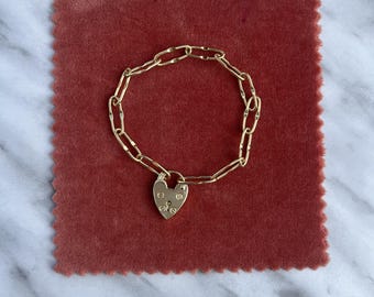 18k Gold filled paperclip chain bracelet with vintage heart padlock locket, vintage inspired bracelet