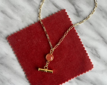 18k gold filled chain T-bar necklace with cherry quartz charm pendant, vintage inspired jewellery, gifts for her