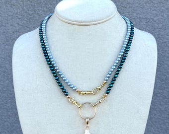 Baby blue Pearl Necklace, 18K Gold Filled albert clasps, charm holder necklace,  jewellery gift, gifts for herbridal, bridesmaid
