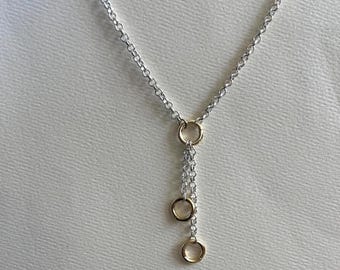 Mixed metal charm holder necklace, Silver rolo chain lariat, gold filled snap hinge rings, pendant holder