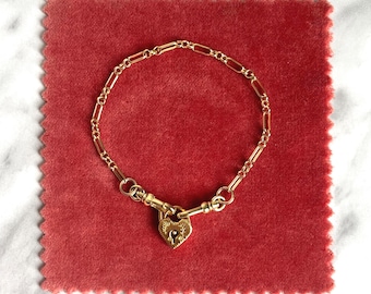 18k Gold filled fancy chain albert clasp bracelet with heart charm lock, gold vintage style jewellery,  jewellery gift, gifts for her