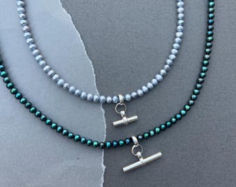 Blue Pearl Necklace with chunky sterling silver t-bar, jewellery gift, gifts for her, cool bridal, bridesmaid