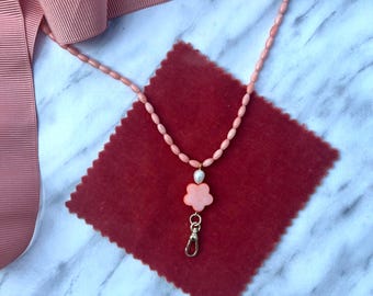 Pink coral beaded necklace, 18K Gold Filled albert clasp and pearl charm, flower shell charm, charm holder necklace