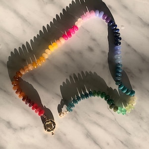 Rainbow hand knotted colourful beaded necklace - large spring ring marine buoy clasp 14k gold - rainbow candy bead choker, quartz gemstone