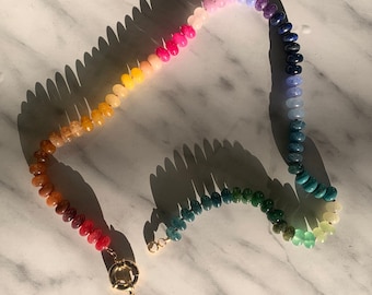 Rainbow hand knotted colourful beaded necklace - large spring ring marine buoy clasp 14k gold - rainbow candy bead choker, quartz gemstone