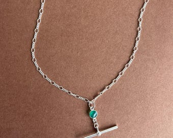 Sterling silver chain necklace with T-Bar and green onyx charm pendant, layering jewellery,, gifts for her