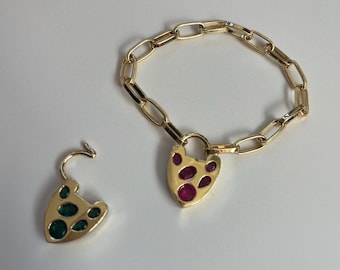 Gold filled love heart gemstone padlock, paperclip bracelet, gifts for her