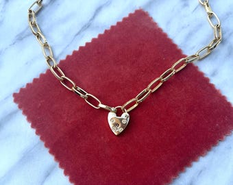 18k Gold Filled paperclip chunky Chain Necklace with vintage style heart padlock charm pendant,  jewellery gift